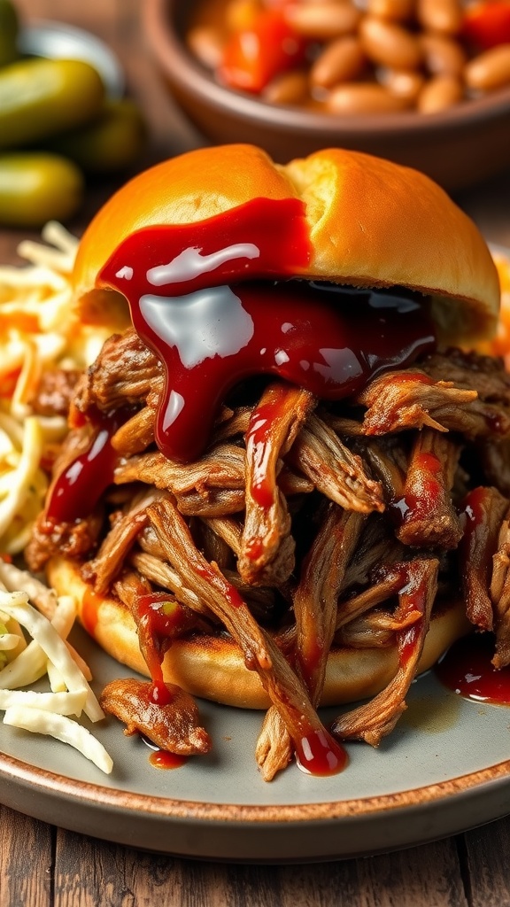 Pulled BBQ pork shoulder on a bun with coleslaw, baked beans, and pickles on a rustic table.